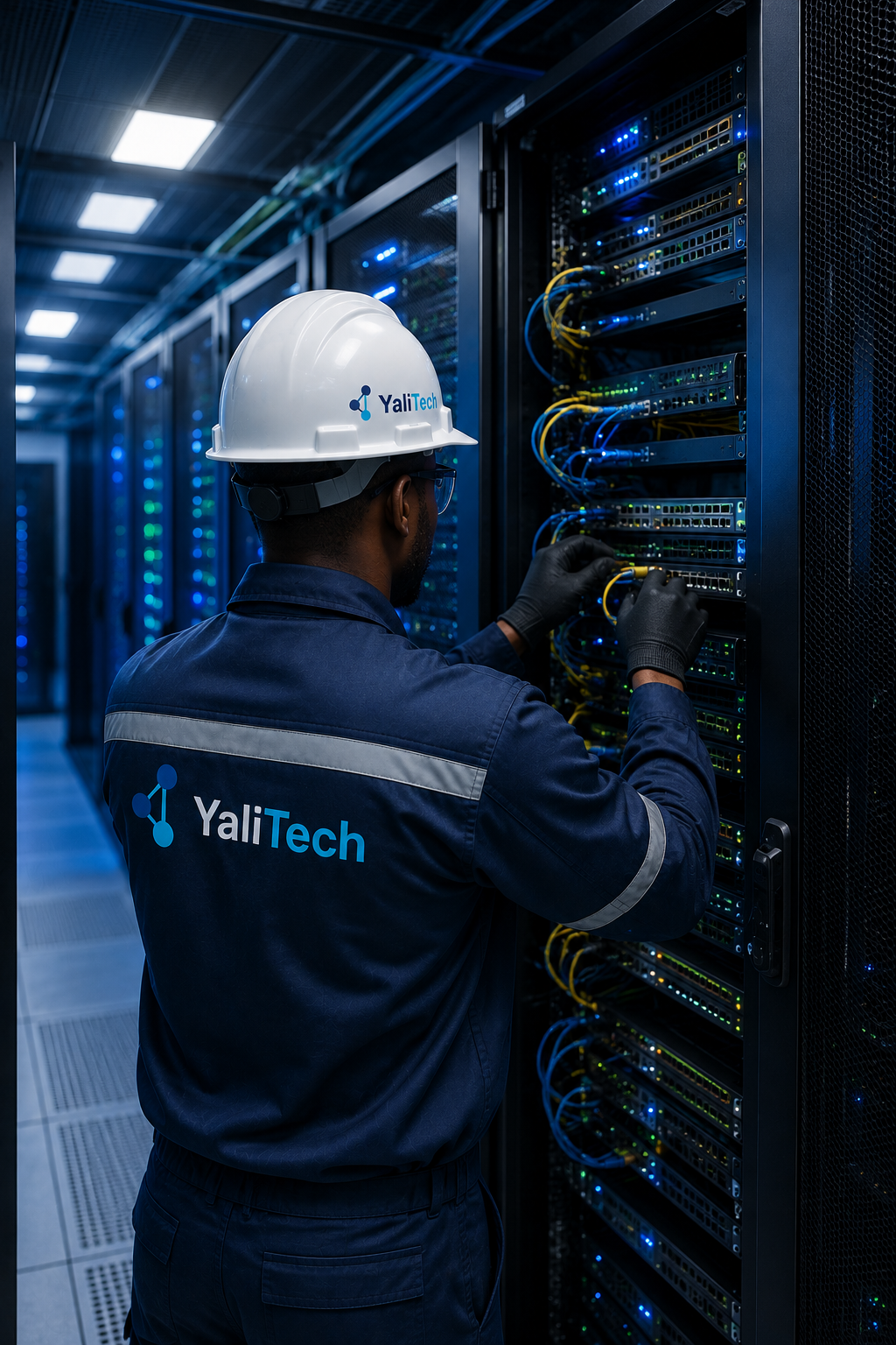 Technicien Yali Tech de dos en salle serveur